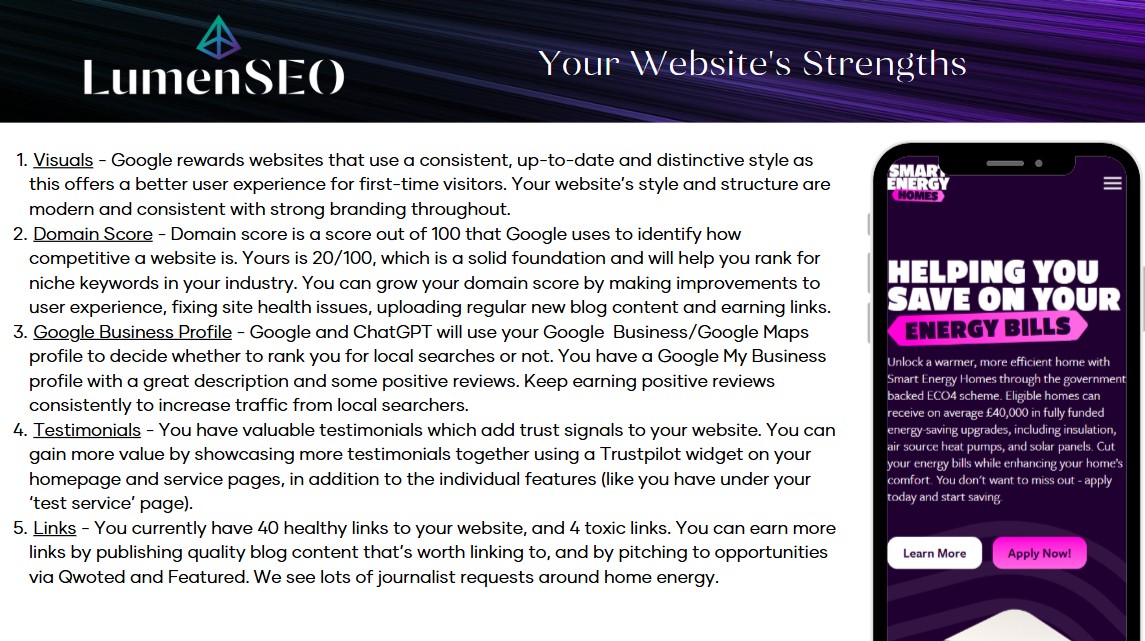 Your website strengths audit page for Smart Energy Homes.